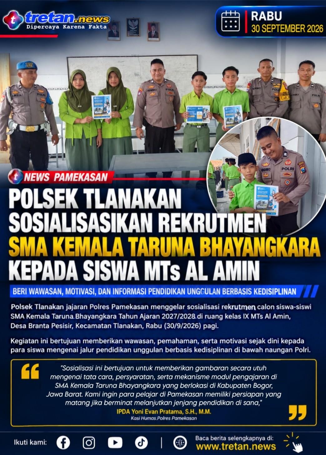 Polsek Tlanakan sosialisasi rekrutmen SMA Kemala Taruna Bhayangkara