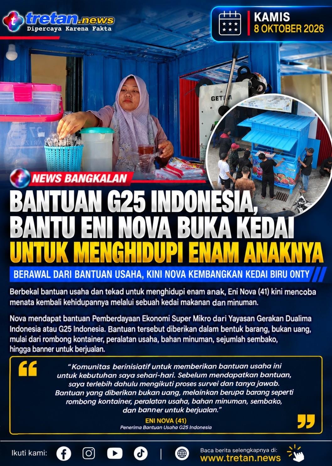 Eni Nova menjalankan Kedai Biru Onty setelah menerima bantuan usaha G25 Indonesia