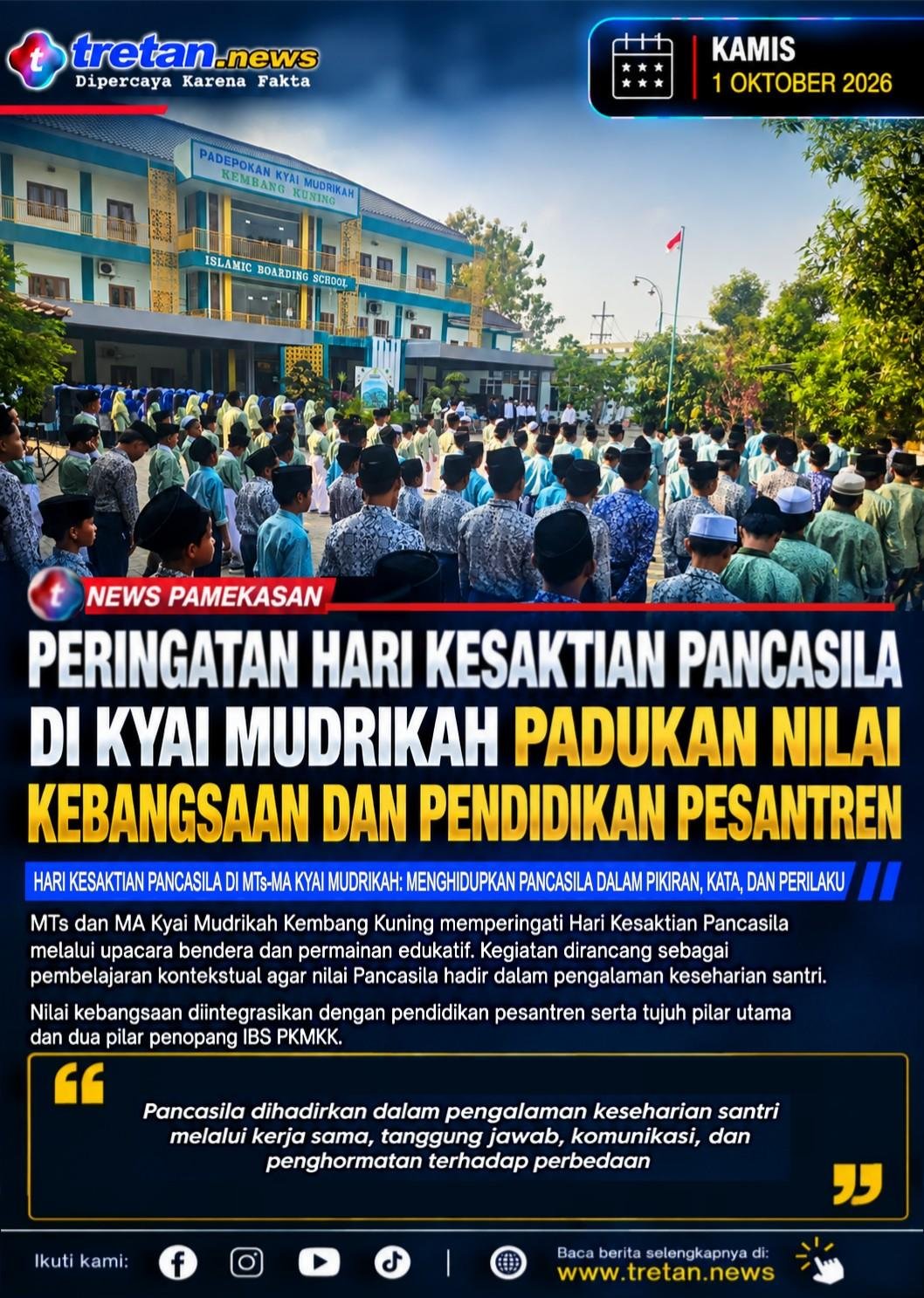 Santri MTs MA Kyai Mudrikah mengikuti upacara Hari Kesaktian Pancasila