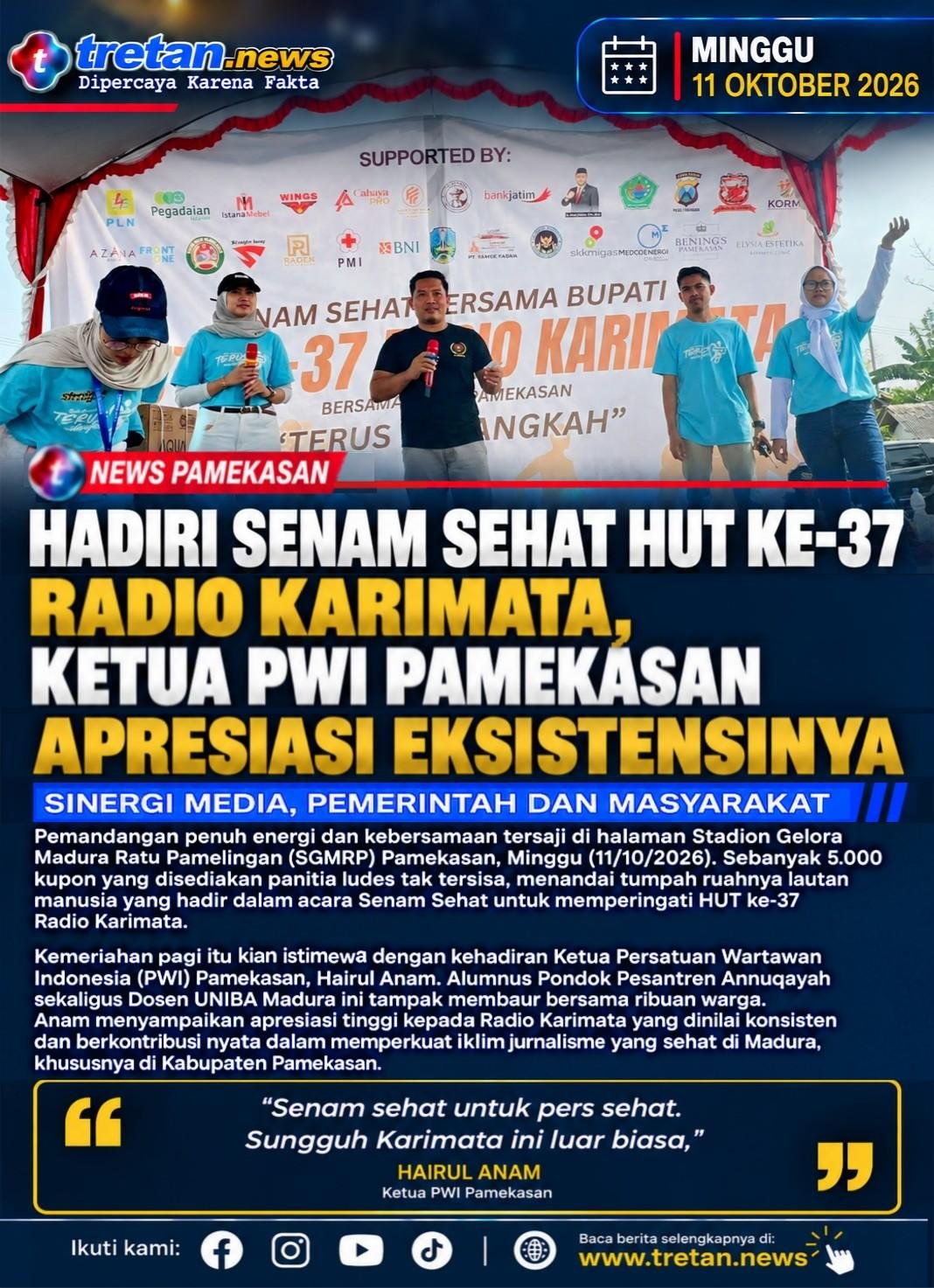 Ketua PWI Pamekasan Hairul Anam menghadiri senam sehat HUT ke-37 Radio Karimata