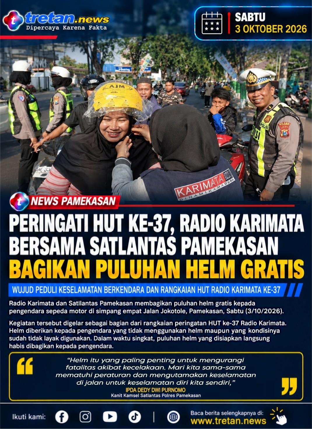 Radio Karimata dan Satlantas Pamekasan membagikan helm gratis