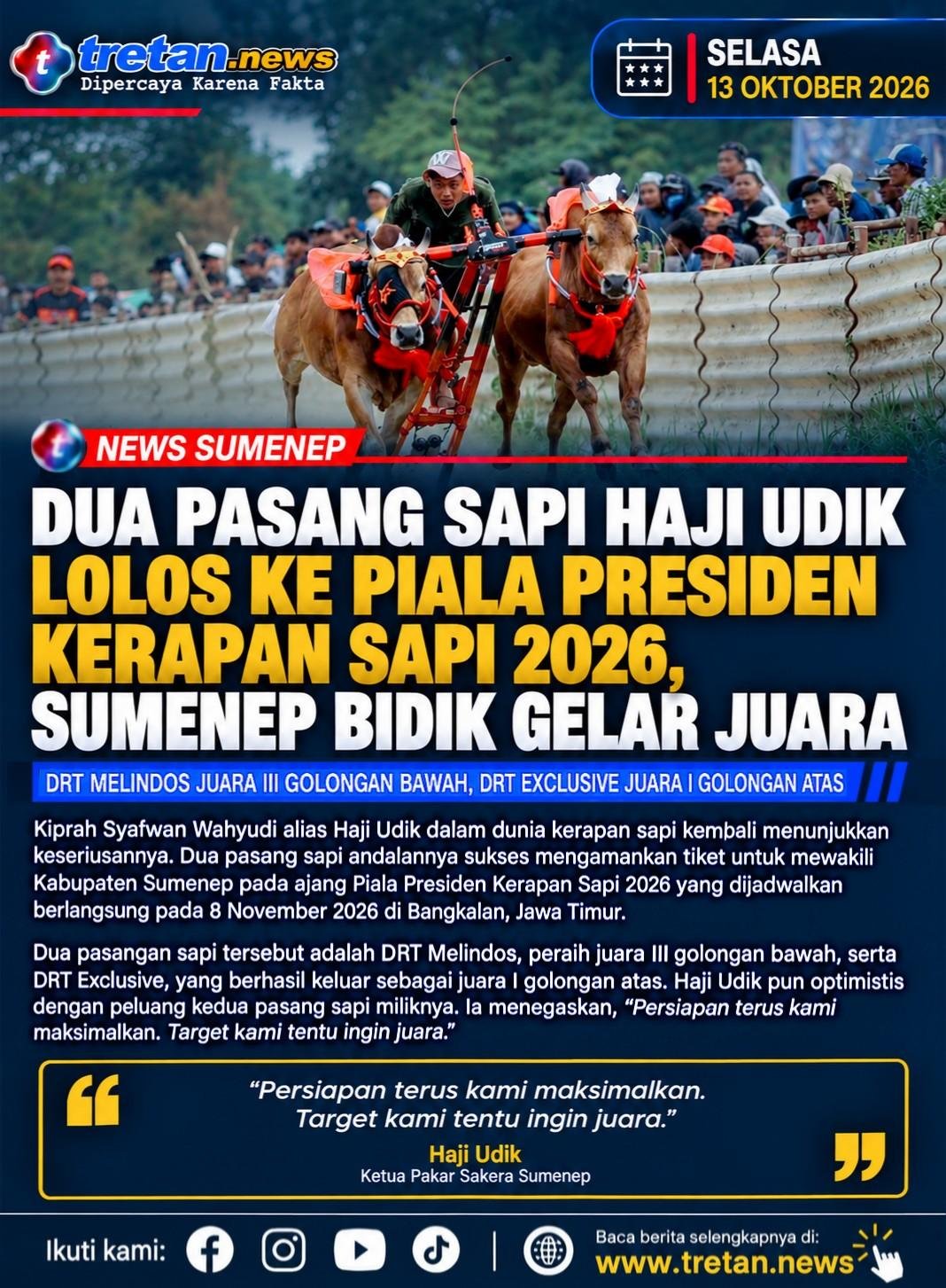 Dua pasang sapi Haji Udik yang lolos ke Piala Presiden Kerapan Sapi 2026